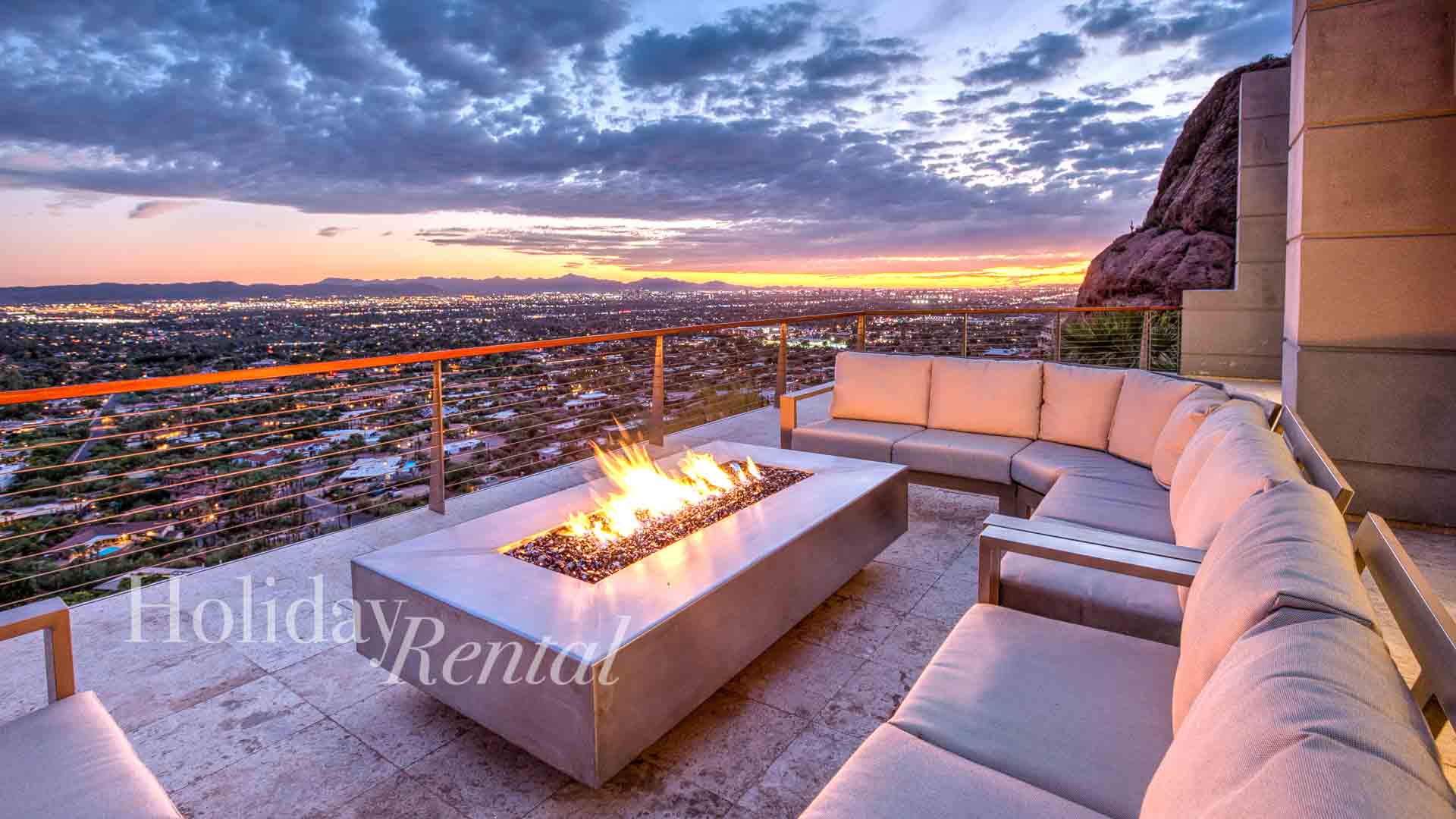 camelback mountain mansion with stunning fireplace overlooking the city